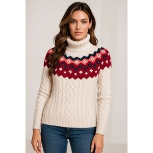 LOFT Fair Isle Sweater Womens M Cream Turtleneck Cable‎ Knit Chunky Nordic Cozy